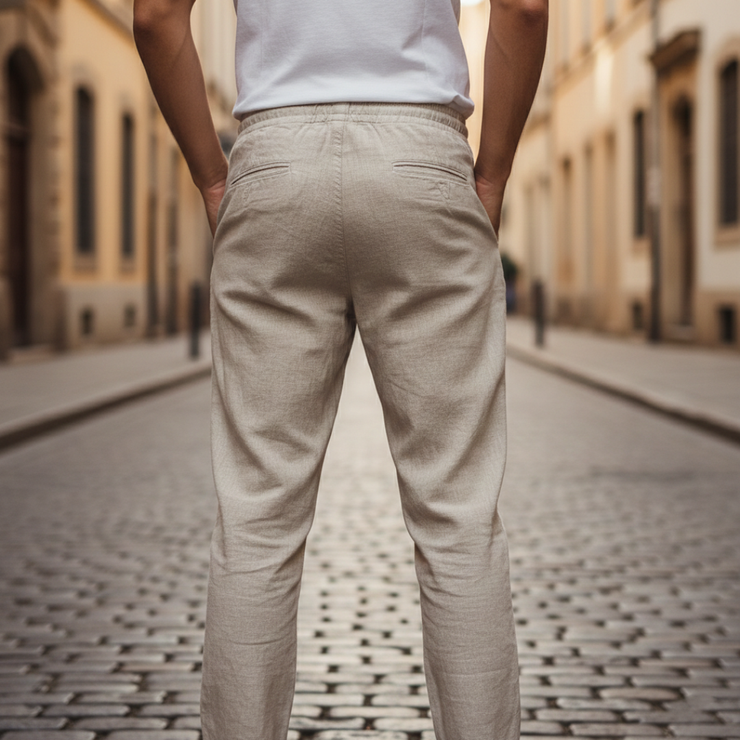 Pantaloni Uomo in Lino con Coulisse e Vita Elasticizzata Gamba Dritta