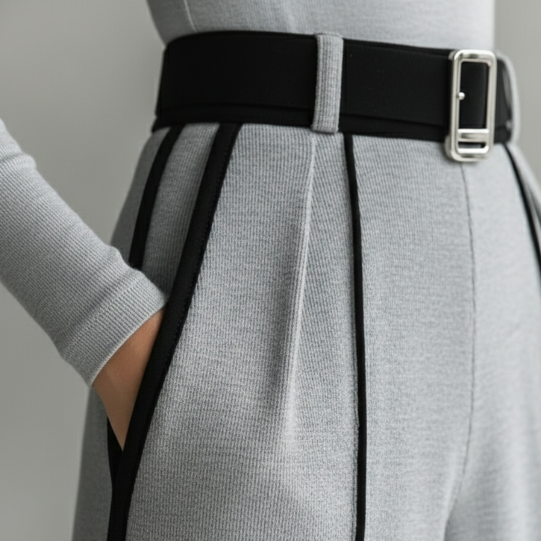 Set Completo Donna con Profili Bianchi e Pantaloni a Gamba Larga
