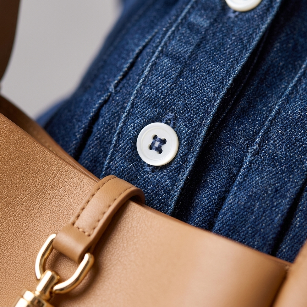 Abito Mini Donna in Jeans Blu con Bottoni e Pieghe