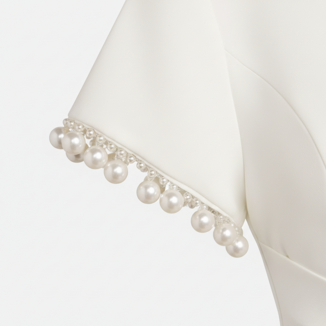 Abito Donna Bianco Midi con Perle e Nodo in Vita