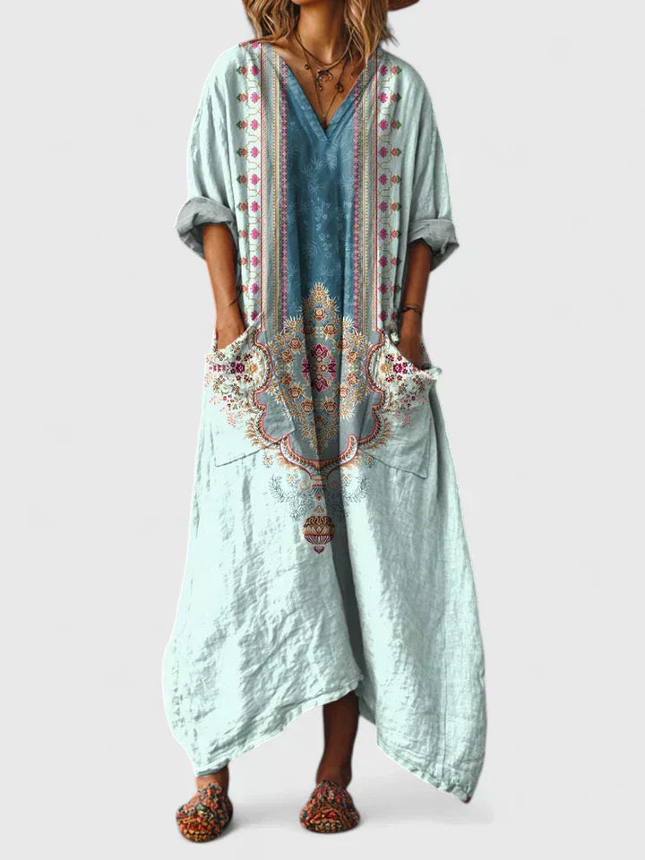 Abito Donna Stampa Vestibilità Ampia Scollo A V Maniche Lunghe Maxi