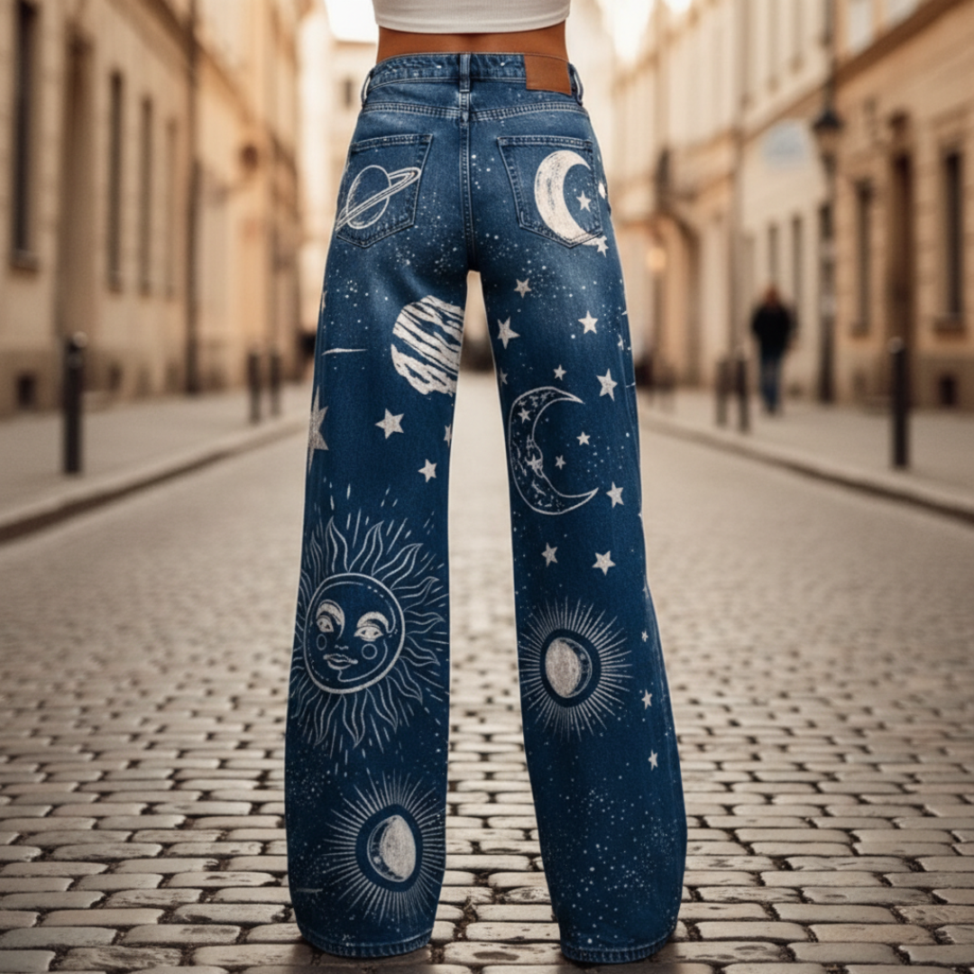 Jeans Donna a Gamba Larga con Lavaggio Sfumato