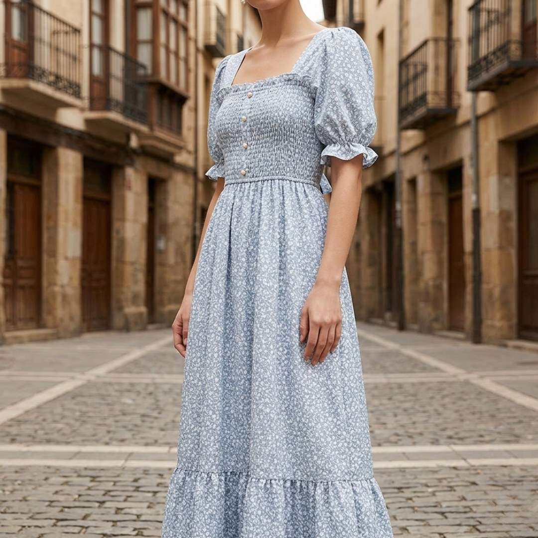 Abito Midi Donna Floreale Drappeggiato Maniche a Sbuffo