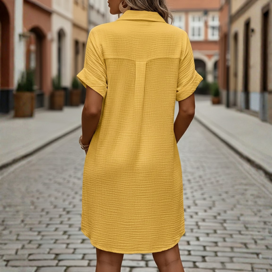 Abito Mini Scollo a V Maniche a 3/4 in Cotone e Lino Donna
