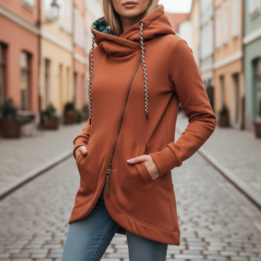 Felpa Lunga Donna Materiale Alta Qualità Cappuccio Asimmetrica Casual