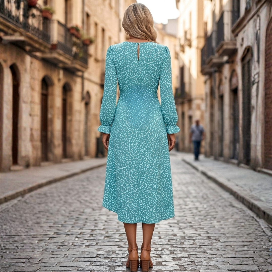 Abito Midi Donna Floreale con Scollo a V e Maniche Lunghe