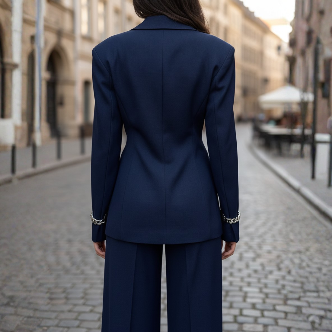 Completo Donna Blazer Monopetto e Pantaloni a Vita Alta a Gamba Larga