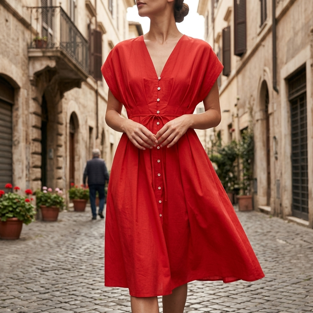 Abito Lungo Donna Drappeggiato Scollo a V Maniche Corte