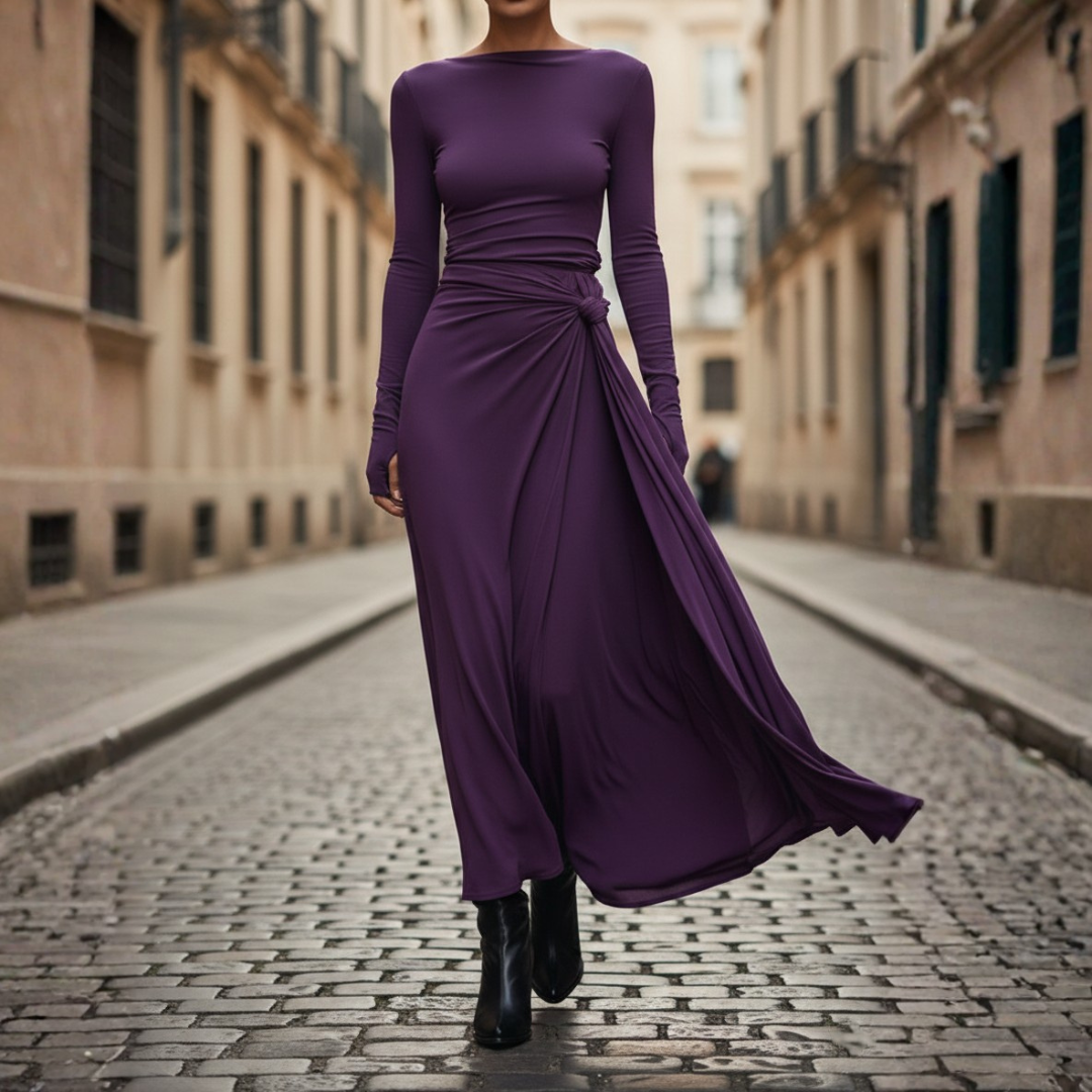 Abito Maxi Donna Slim Fit con Nodo Laterale e Maniche Lunghe