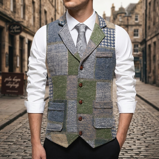 Gilet Elegante Completo Tweed Uomo Slim Fit Patchwork
