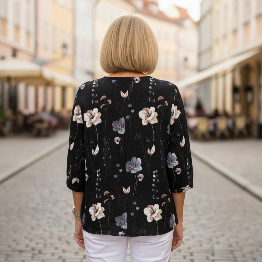 Blusa Donna Stampa Floreale Bottoni Scollo a V Manica Tre Quarti