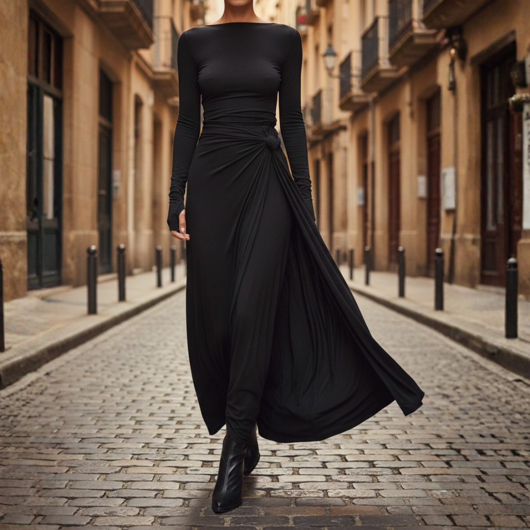 Abito Maxi Donna Slim Fit con Nodo Laterale e Maniche Lunghe