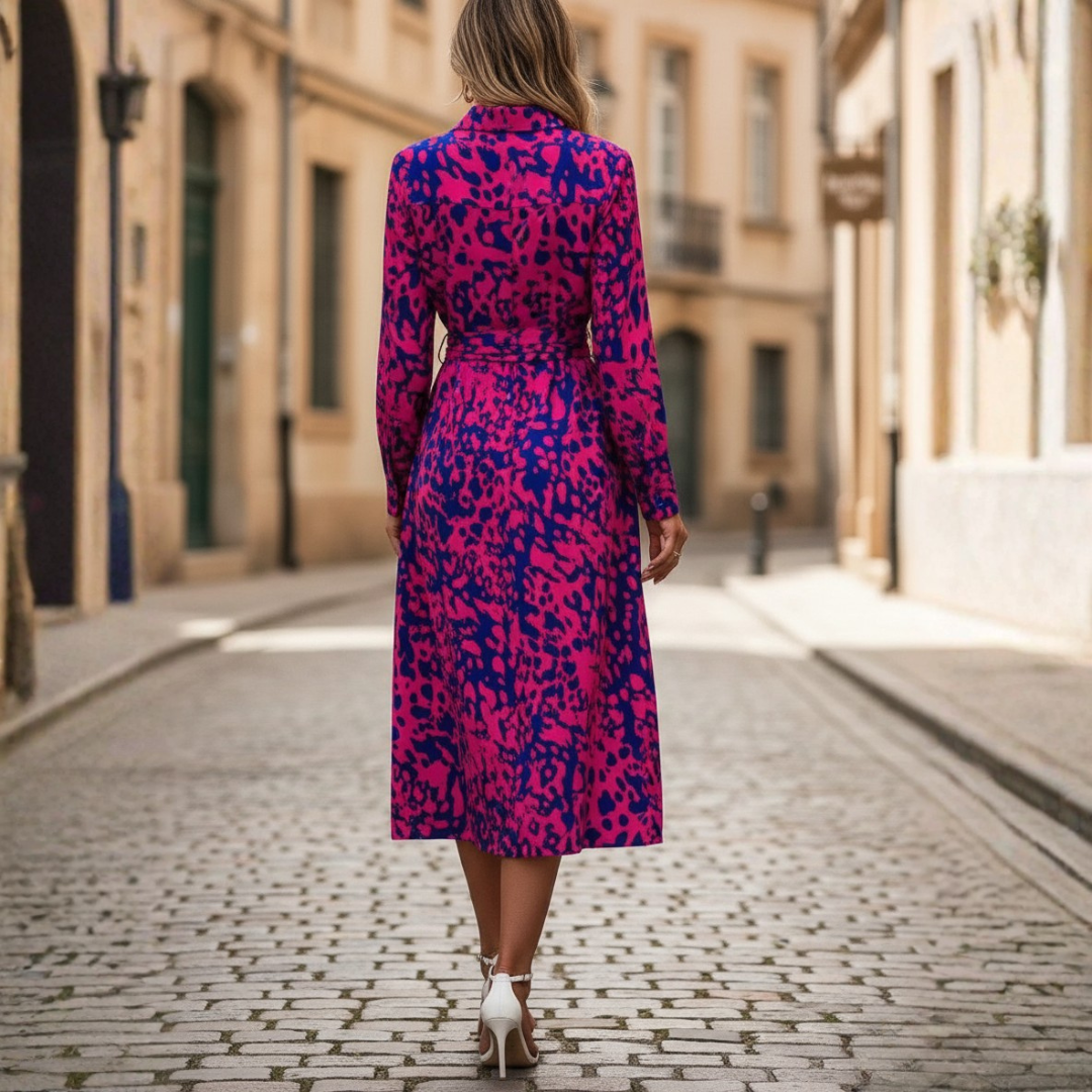 Abito Midi Donna a Fantasia con Cintura e Bottoni