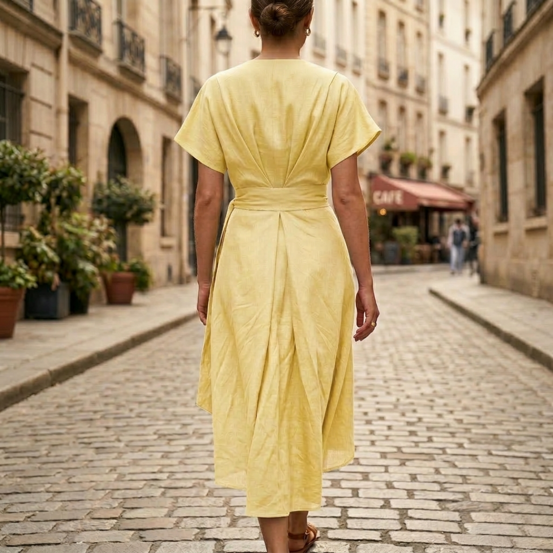 Abito Lungo Donna Drappeggiato Scollo a V Maniche Corte