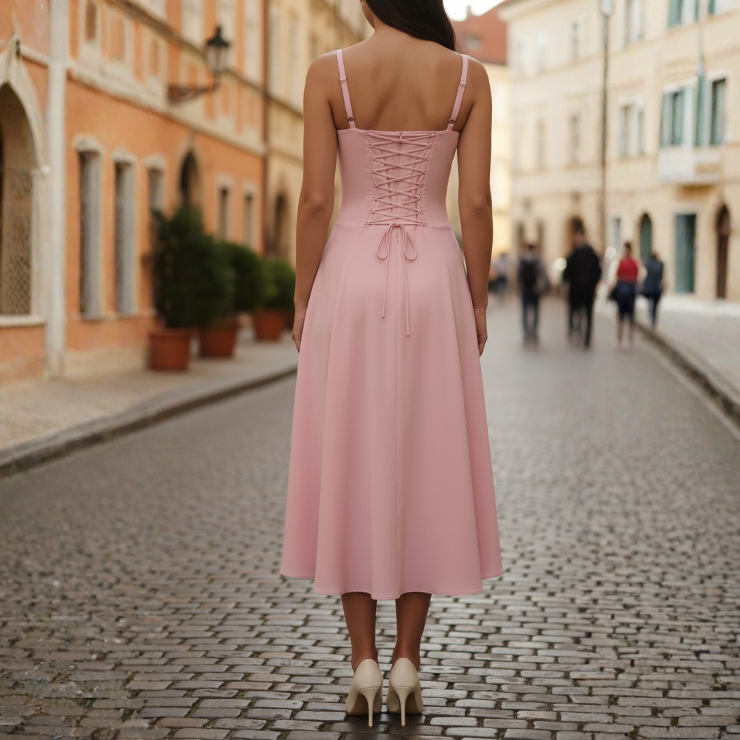 Abito Midi Donna con Corpetto Stringato e Gonna a Ruota