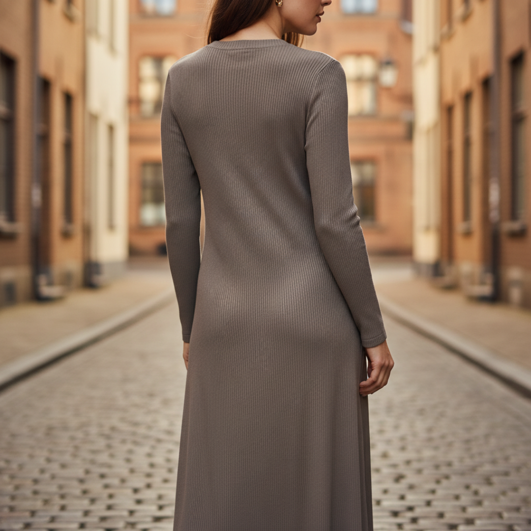 Abito Maxi Donna in Maglia Maniche Lunghe con Bottoni e Tessuto a Coste