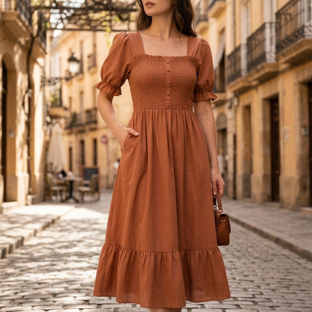 Abito Midi Donna Floreale Drappeggiato Maniche a Sbuffo