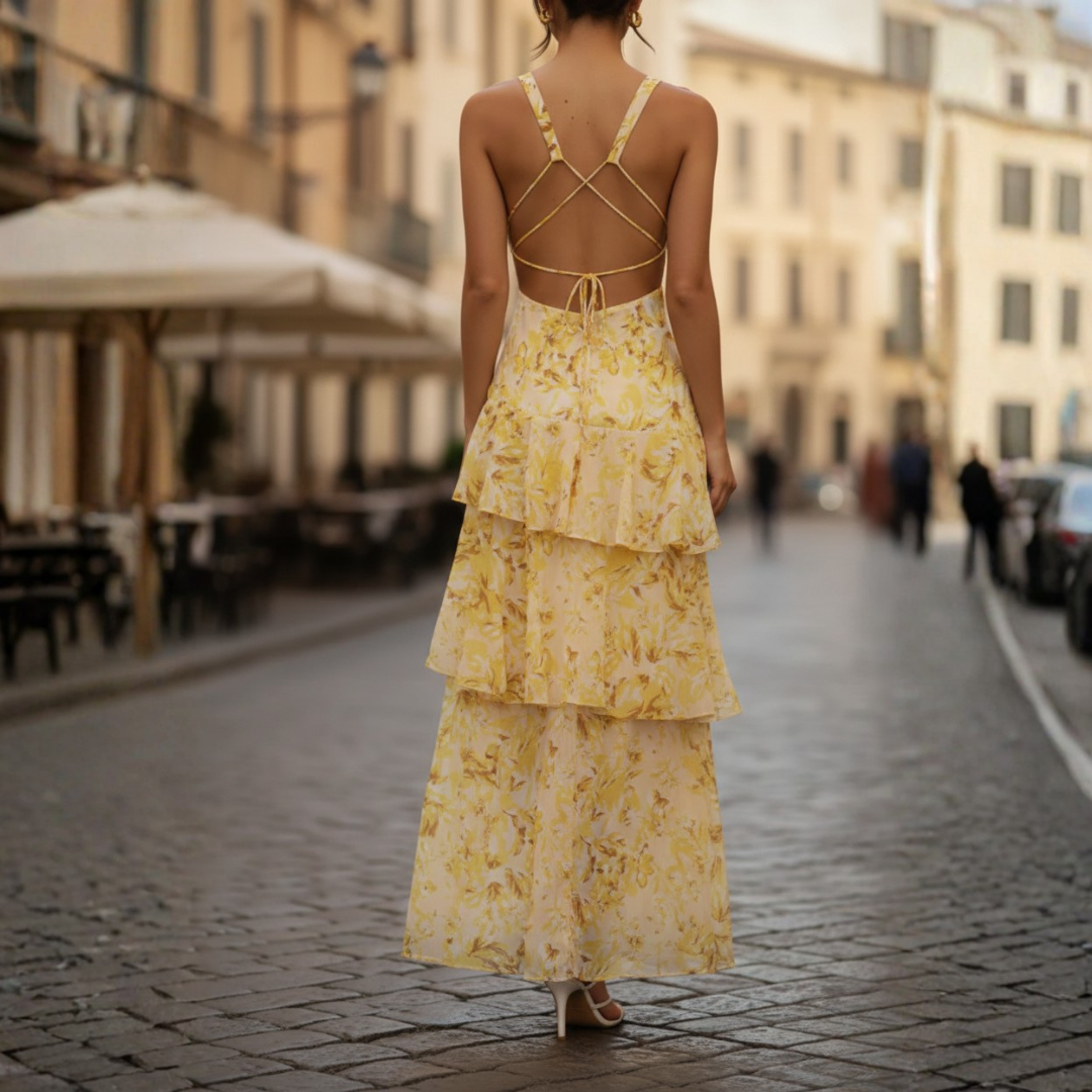 Abito Lungo Donna Scollo a V Balze Stampa Floreale