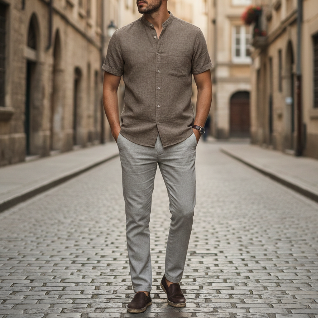 Camicia Uomo in Lino Collo Coreana Manica Corta Slim Fit