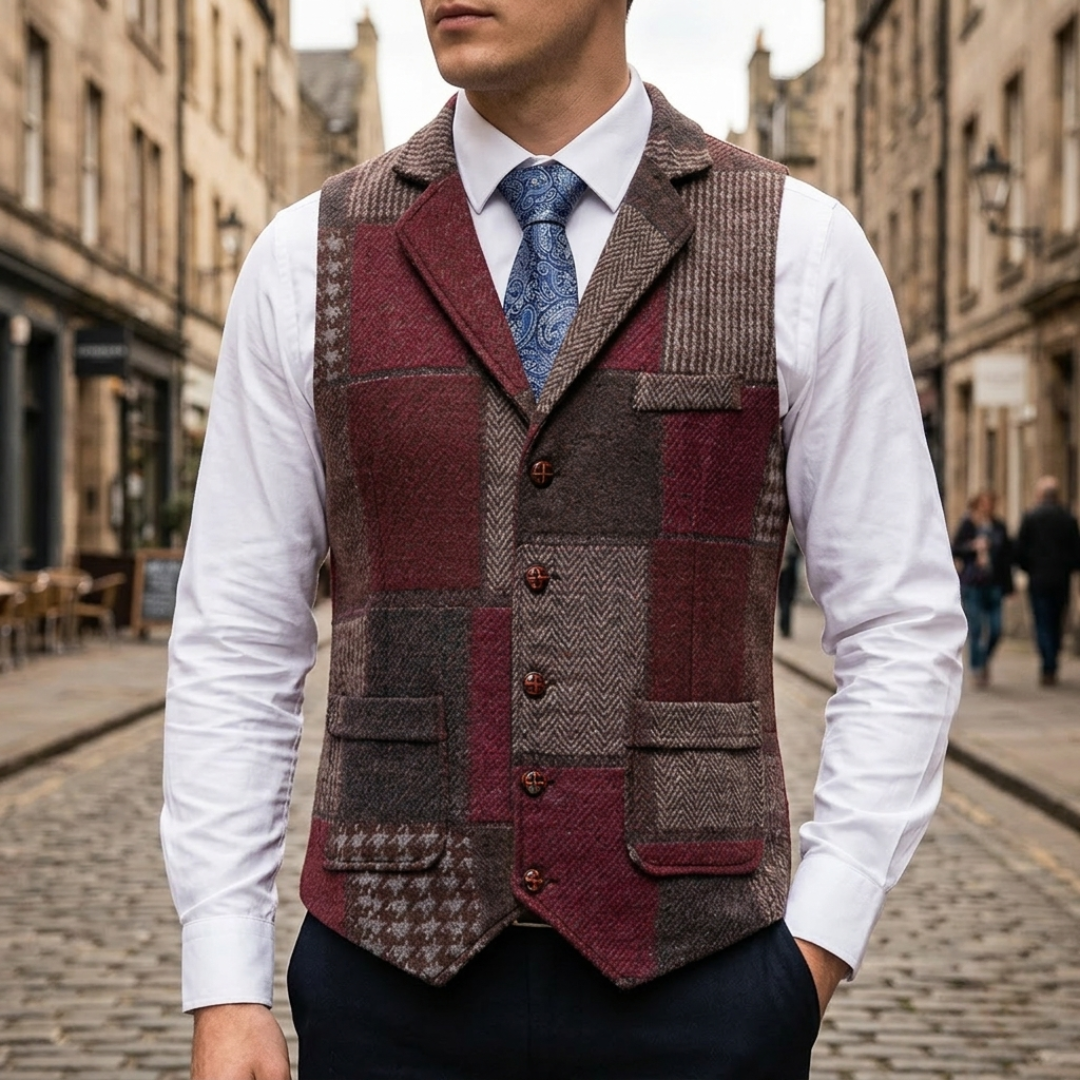 Gilet Elegante Completo Tweed Uomo Slim Fit Patchwork
