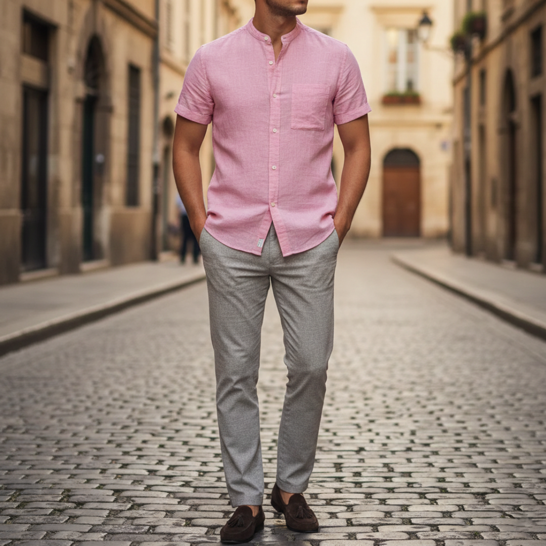 Camicia Uomo in Lino Collo Coreana Manica Corta Slim Fit