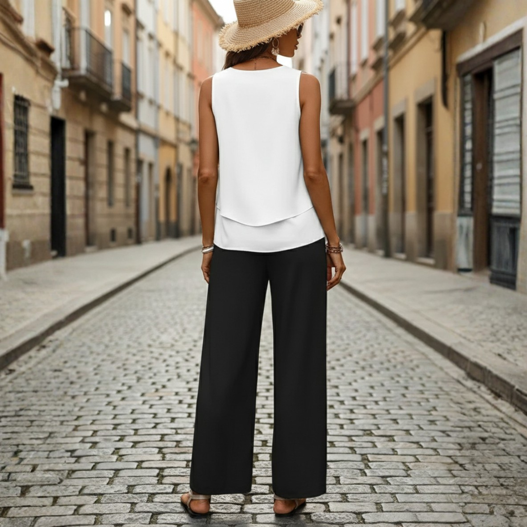 Completo Due Pezzi Top a Strati Senza Maniche Pantaloni Larghi Donna