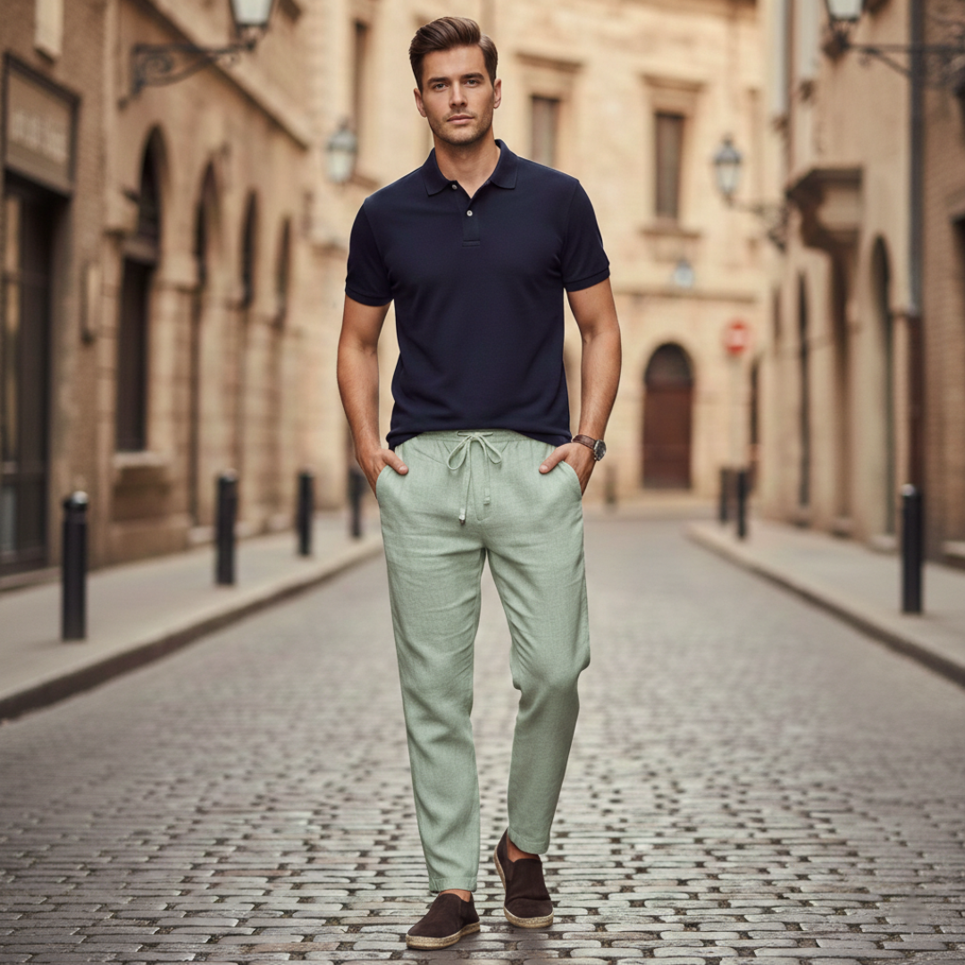 Pantaloni Uomo in Lino con Coulisse e Vita Elasticizzata Gamba Dritta
