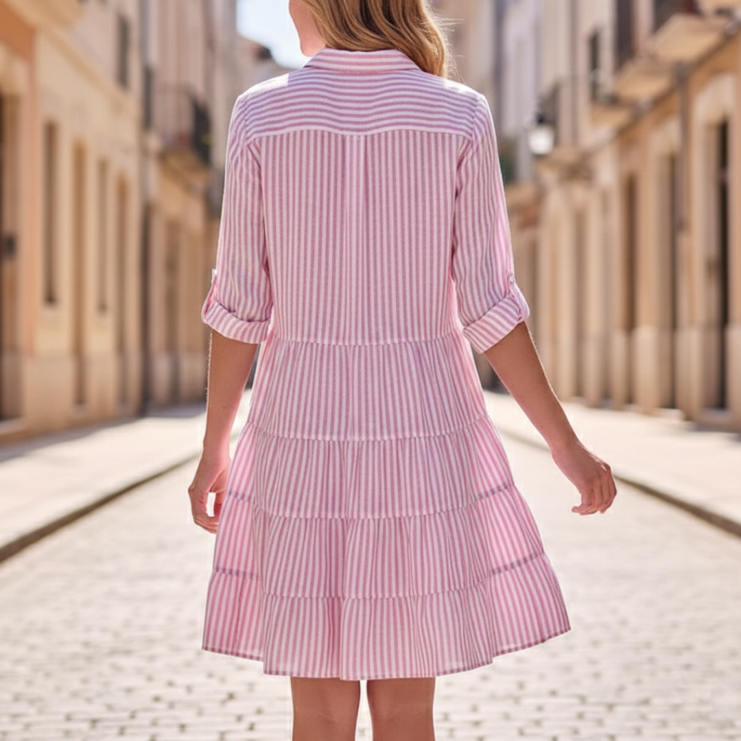 Abito a Camicia a Balze a Righe con Bottoni Donna
