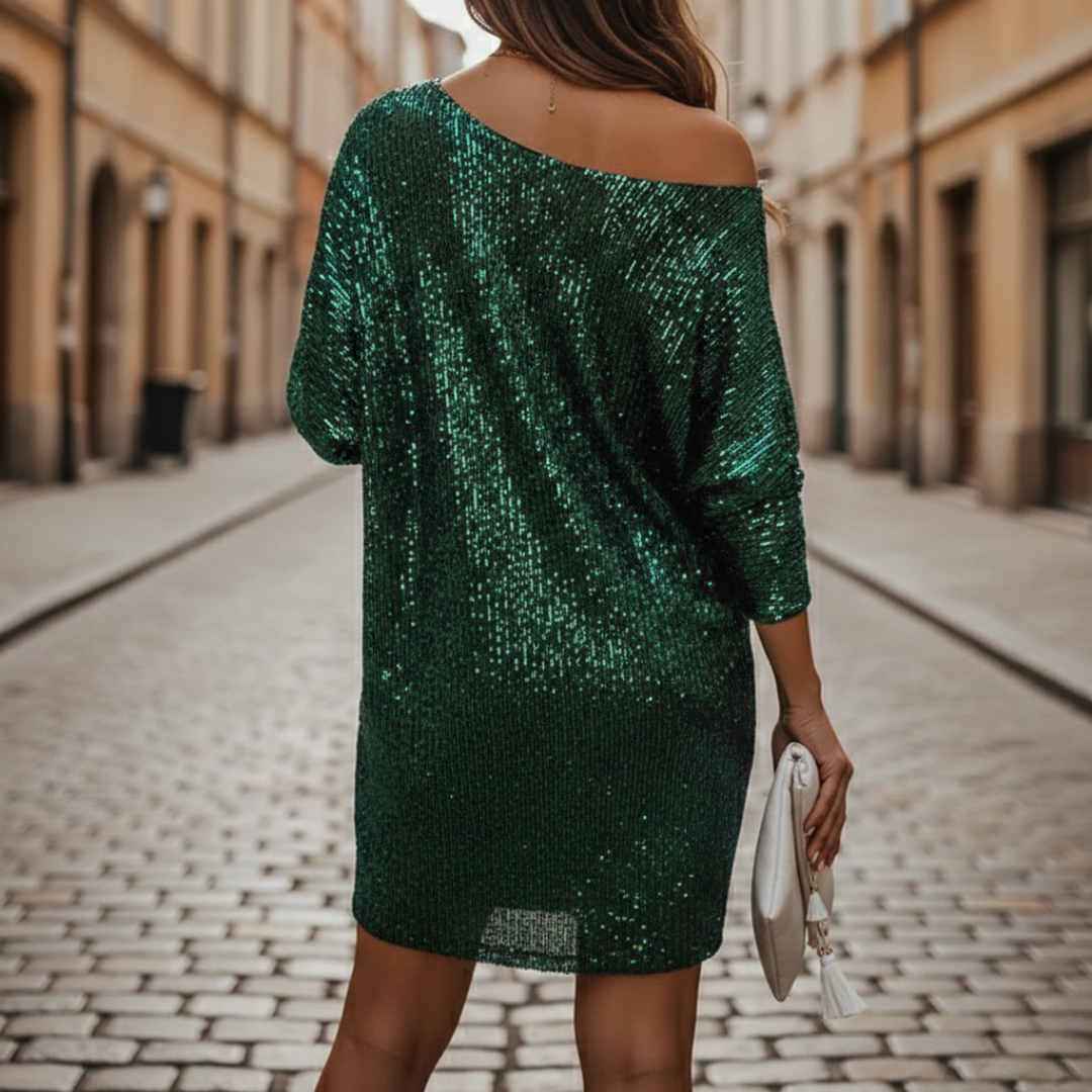 Abito da Cocktail di Paillettes Scollo a Barca Mini Donna