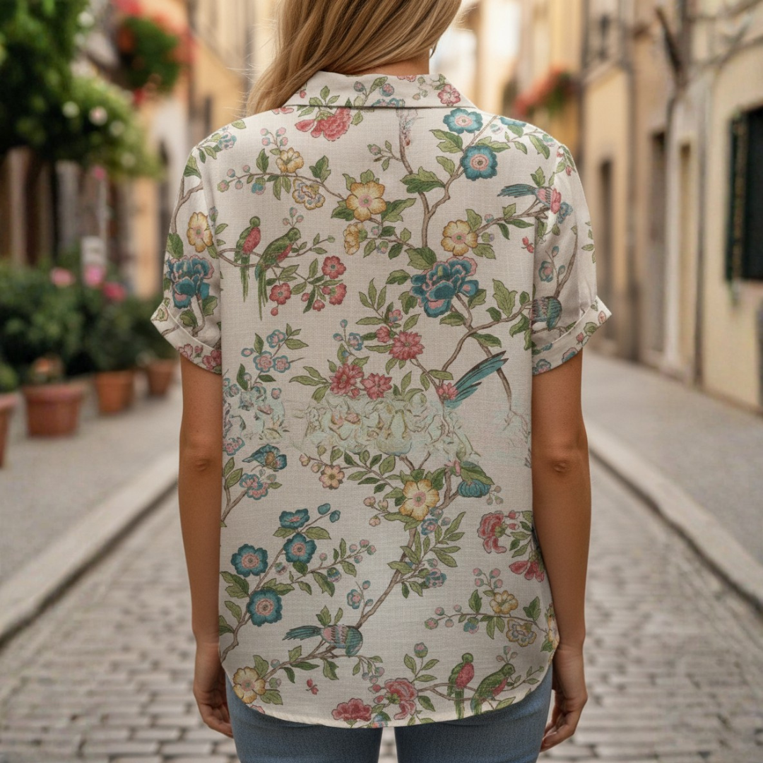 Camicetta Ricamata a Fiori Maniche Corte Colletto Peter Pan Donna