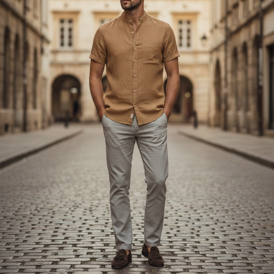 Camicia Uomo in Lino Collo Coreana Manica Corta Slim Fit