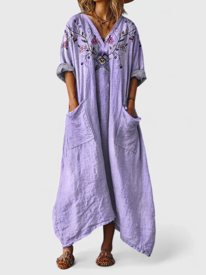 Abito Donna Stampa Vestibilità Ampia Scollo A V Maniche Lunghe Maxi