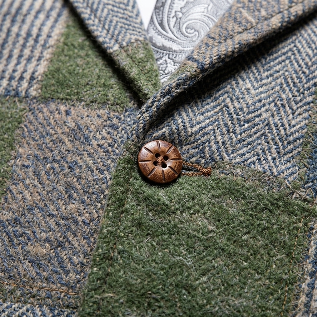 Gilet Elegante Completo Tweed Uomo Slim Fit Patchwork