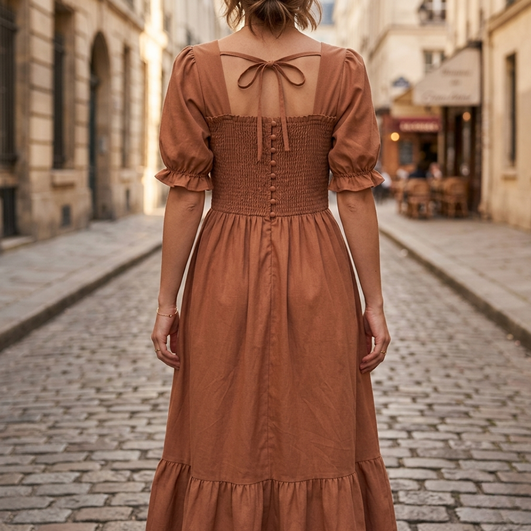 Abito Midi Donna Floreale Drappeggiato Maniche a Sbuffo
