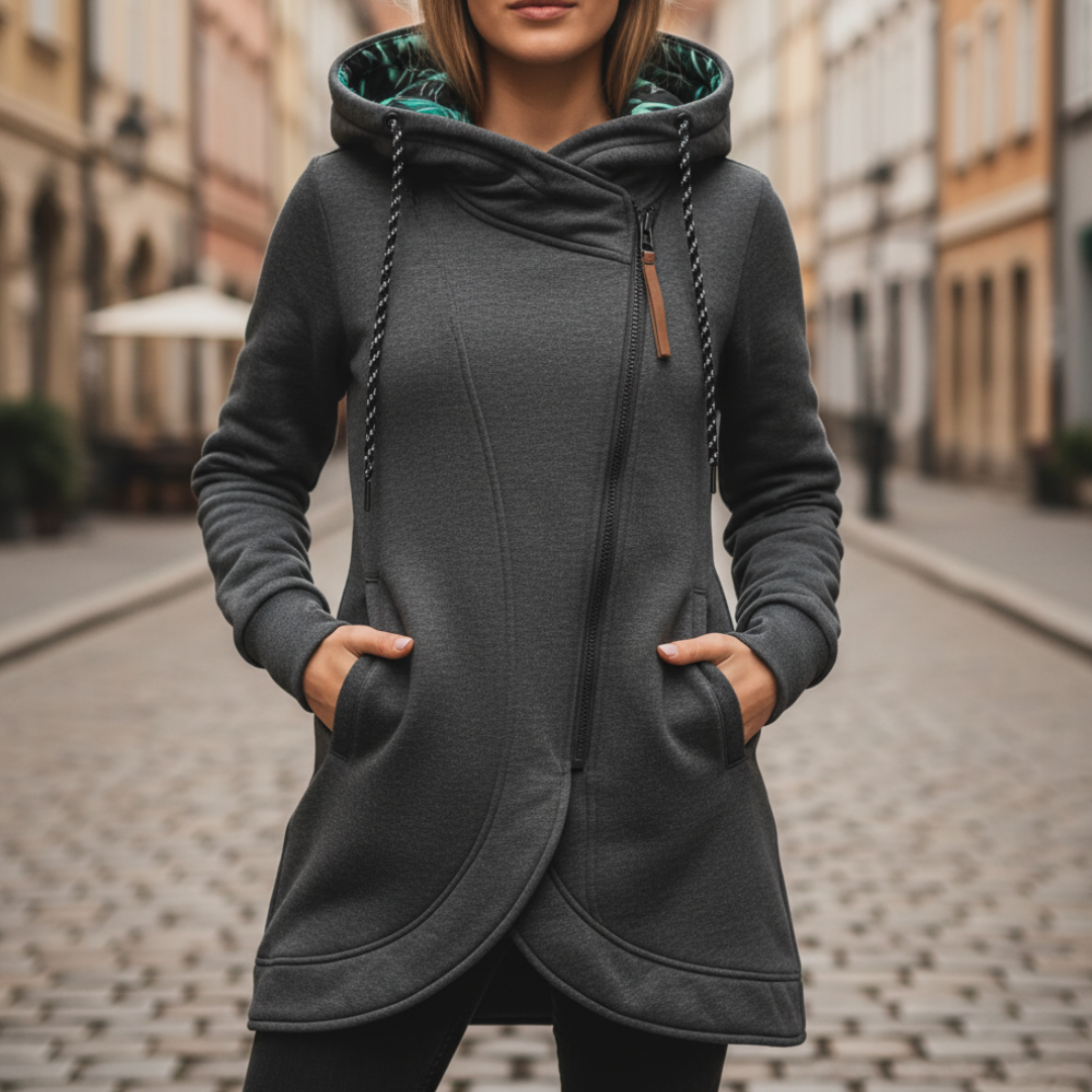 Felpa Lunga Donna Materiale Alta Qualità Cappuccio Asimmetrica Casual