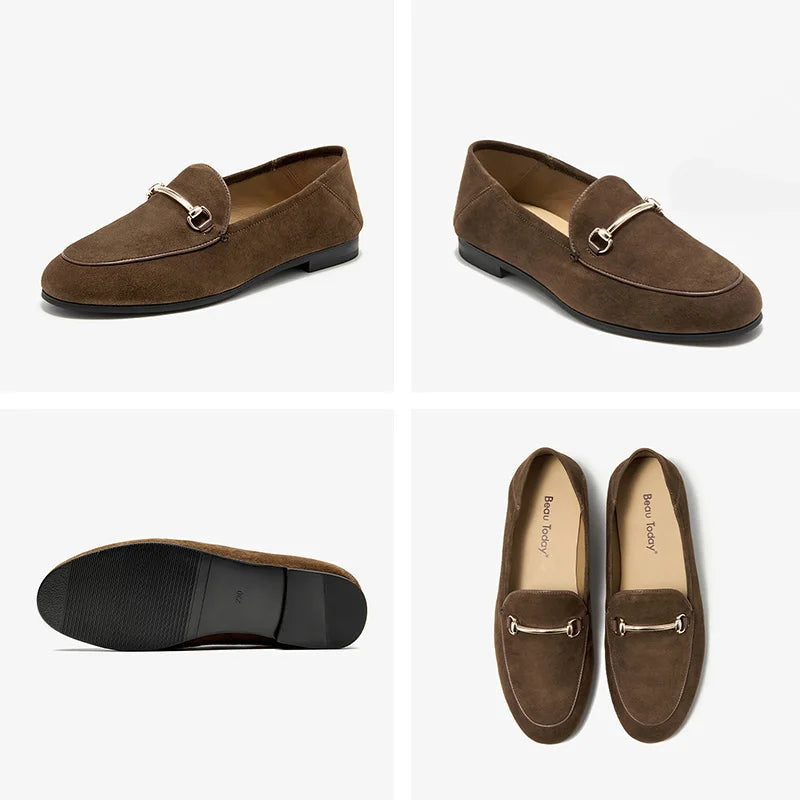 Mocassini Donna Suede Punta Tonda Decorazione Metallica Casual Flat Handmade
