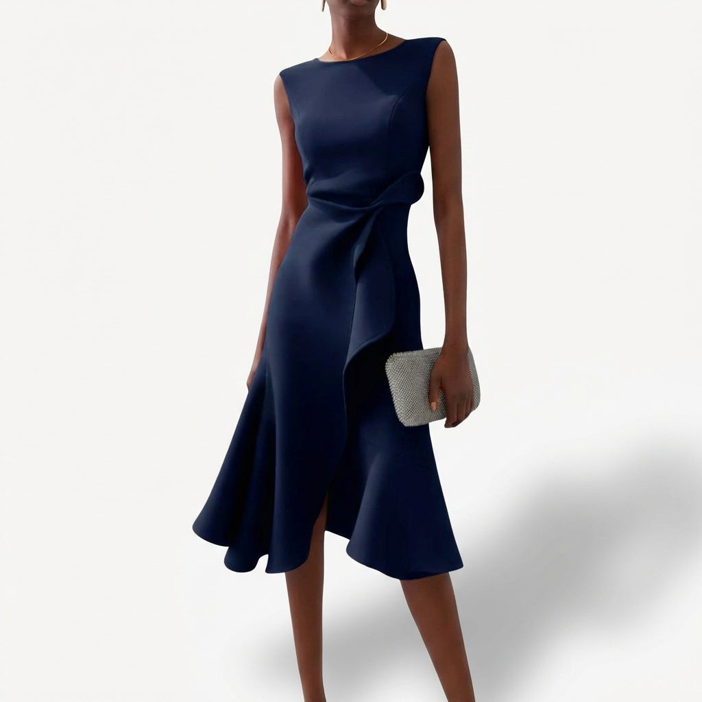 Abito Donna Raso Drapeato Volante Asimmetrico – Elegante