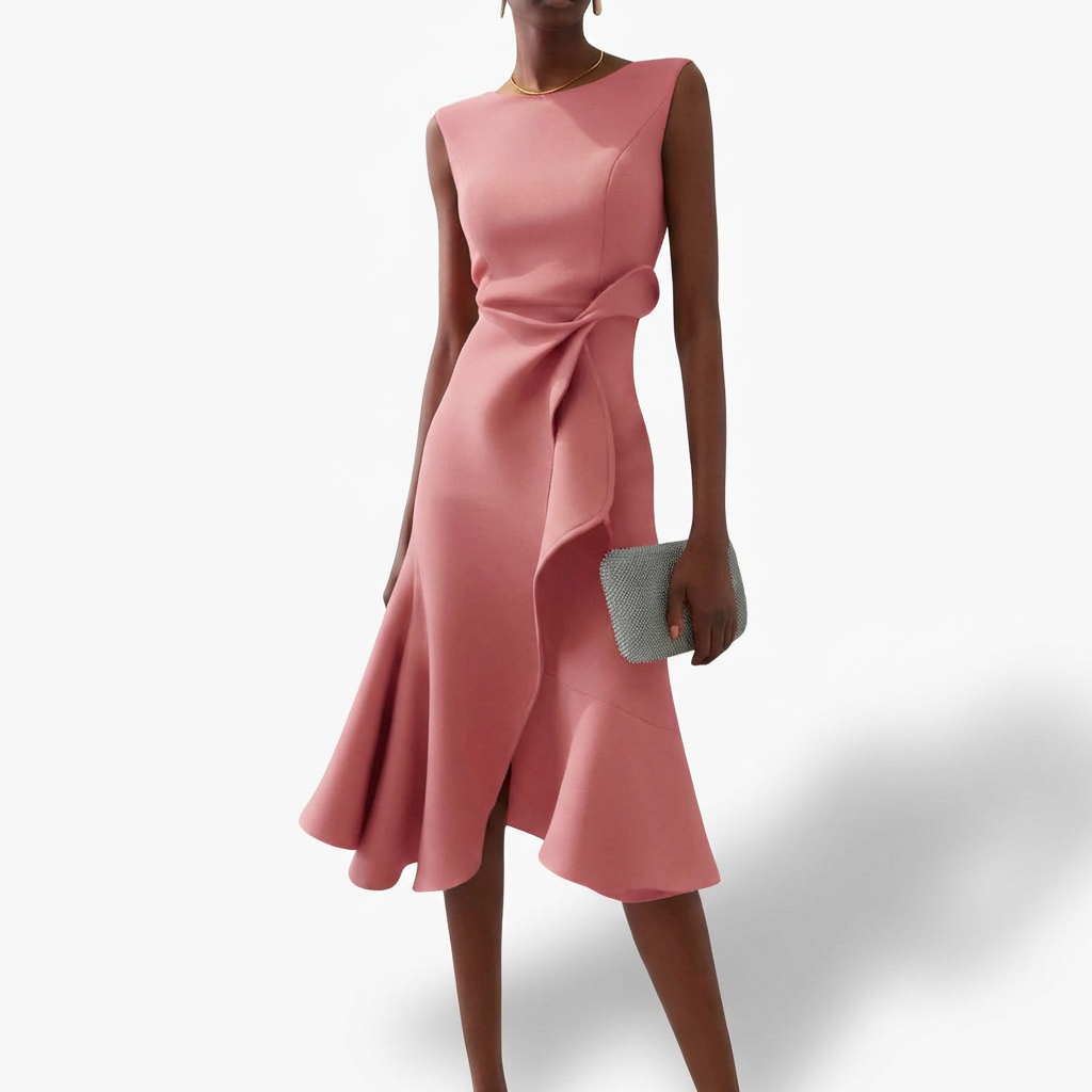 Abito Donna Raso Drapeato Volante Asimmetrico – Elegante