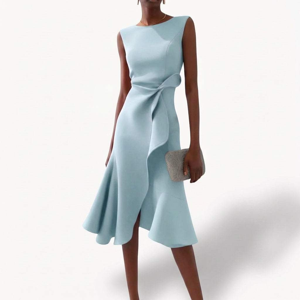 Abito Donna Raso Drapeato Volante Asimmetrico – Elegante