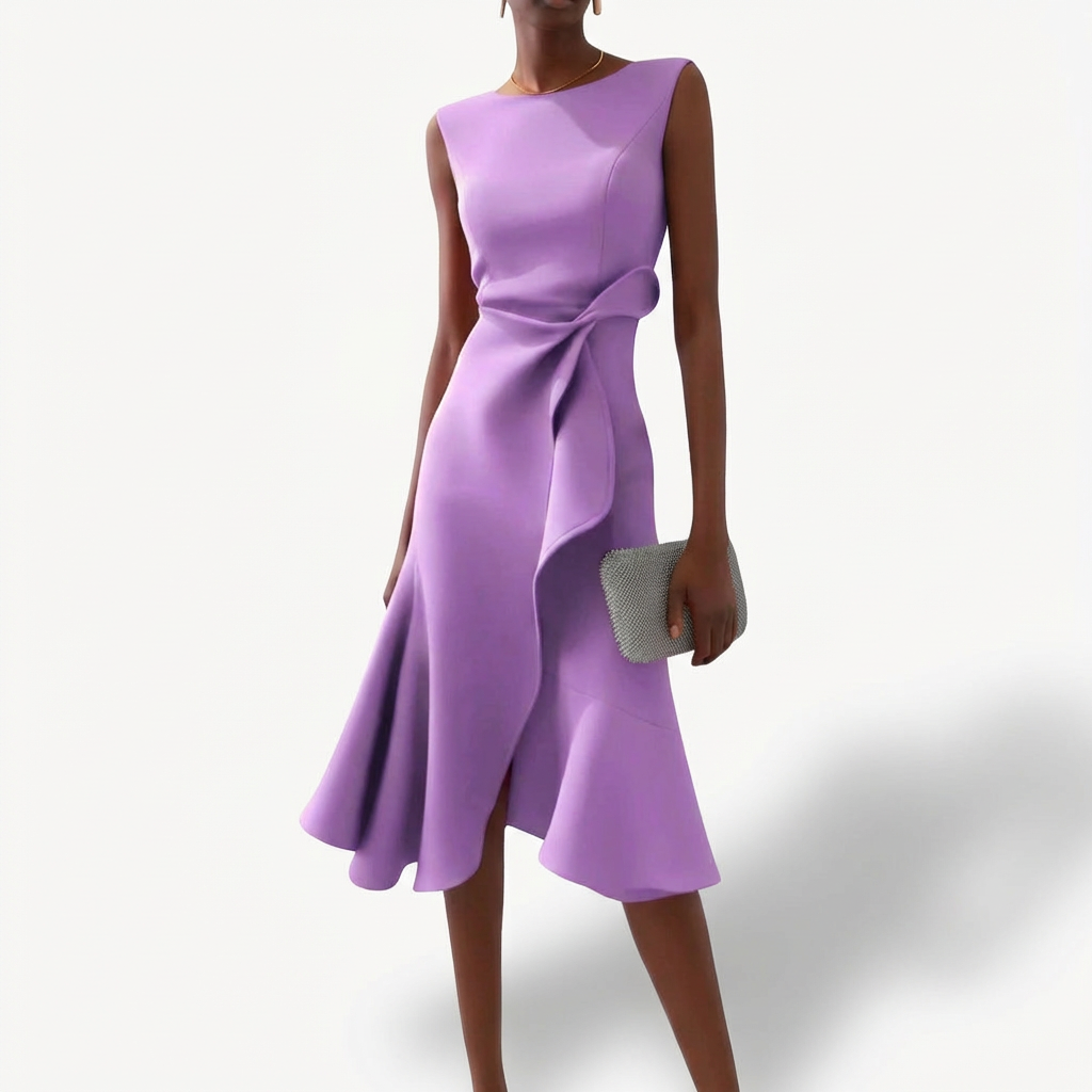 Abito Donna Raso Drapeato Volante Asimmetrico – Elegante