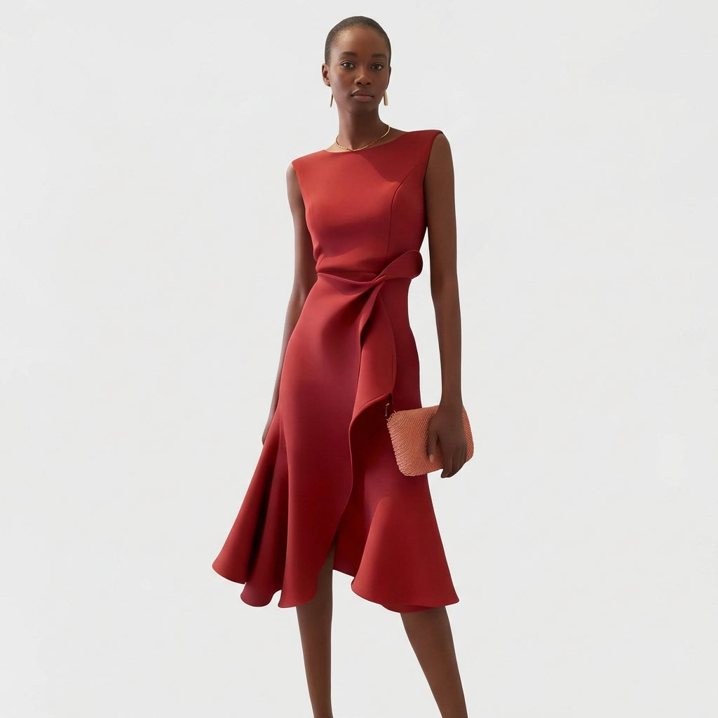 Abito Donna Raso Drapeato Volante Asimmetrico – Elegante