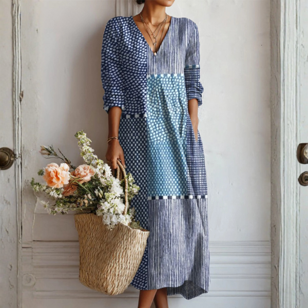 Abito Donna Patchwork Manica Lunga Scollo a V Midi Casual Boho