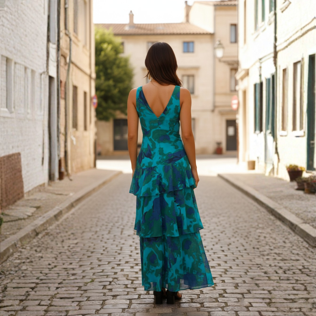 Abito Lungo Donna Multicolore con Balze e Scollo a V