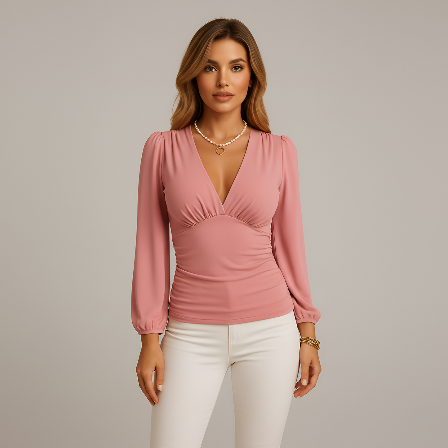 Top Donna Velluto Slim Fit Scollo a V Manica Lunga – Elegante