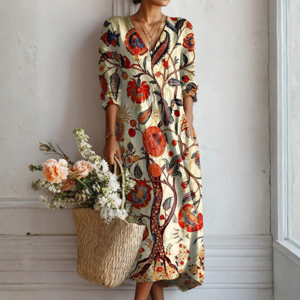 Abito midi Donna Floreale Smanicato con Scollo a V