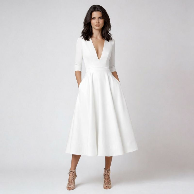 Abito Donna Raso Midi Scollo a V Manica 3/4