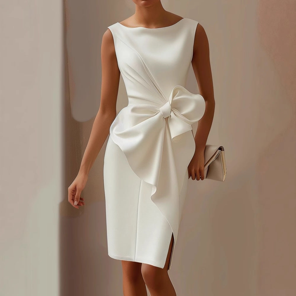 Abito Donna Raso Midi con Fiocco Frontale – Cerimonia