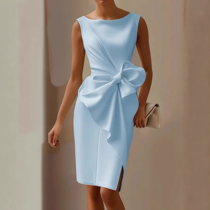 Abito Donna Raso Midi con Fiocco Frontale – Cerimonia