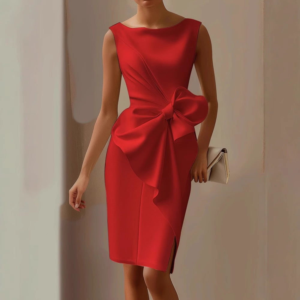 Abito Donna Raso Midi con Fiocco Frontale – Cerimonia