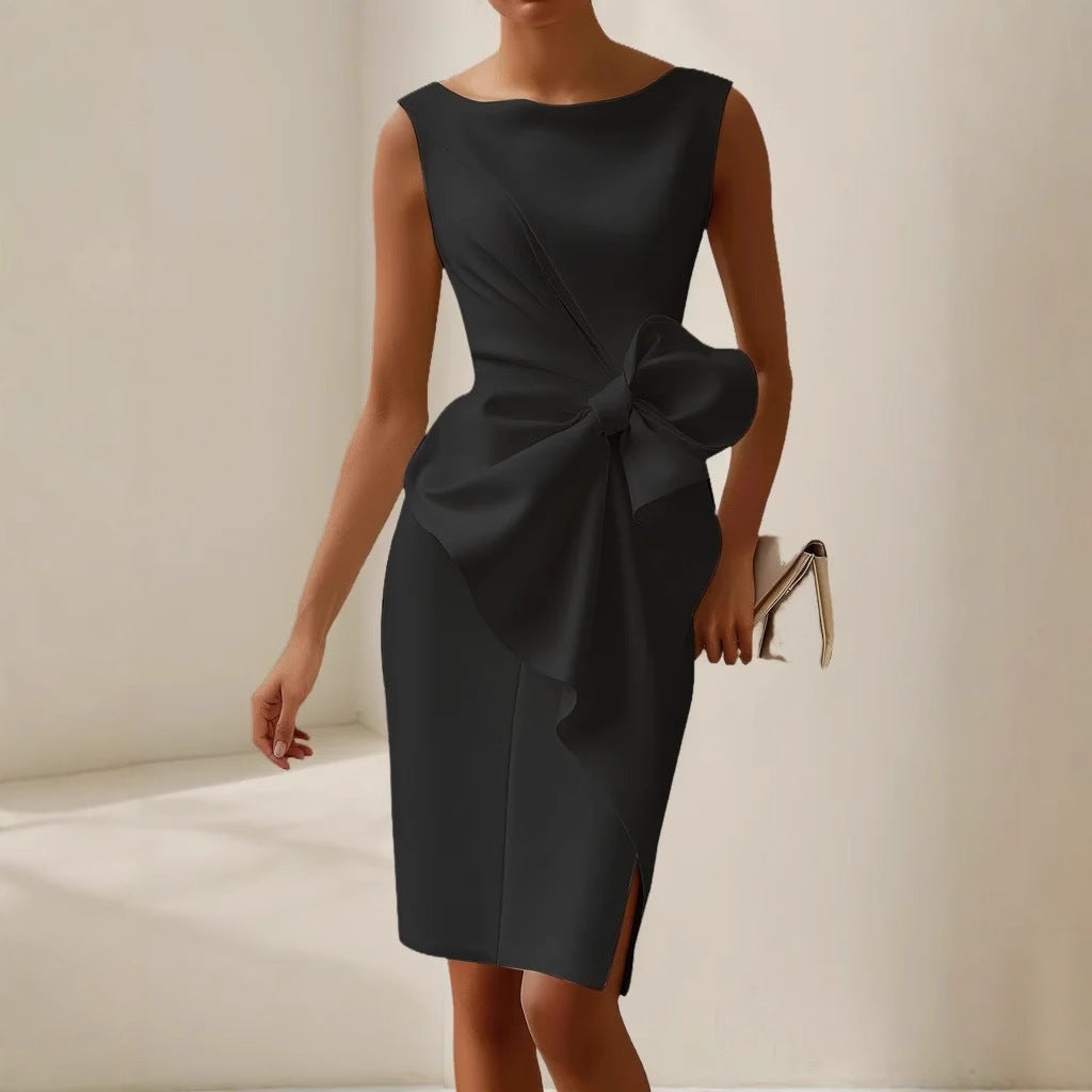 Abito Donna Raso Midi con Fiocco Frontale – Cerimonia